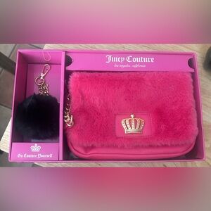 Juicy Couture Fuzzy Pink Crossbody Purse and Black Key Chain